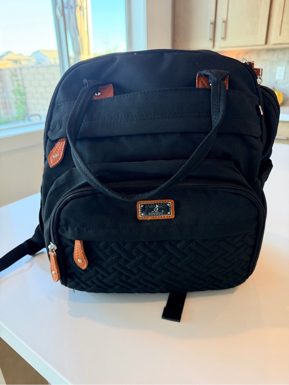 Kids Black Quilted Backpack with Brown Trim